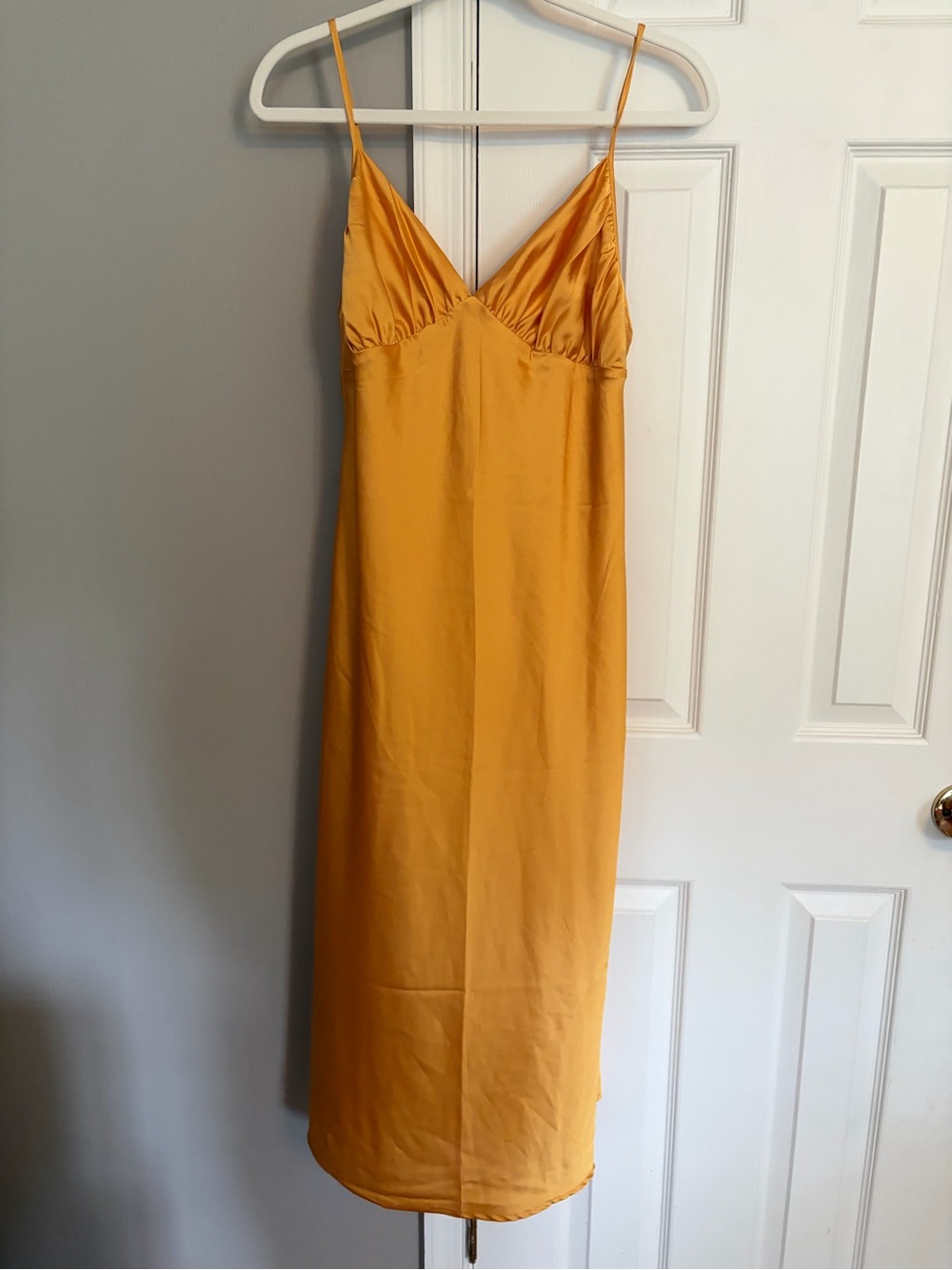 Abercrombie & Fitch Golden Yellow V-Neck Satin Midi Slip Dress